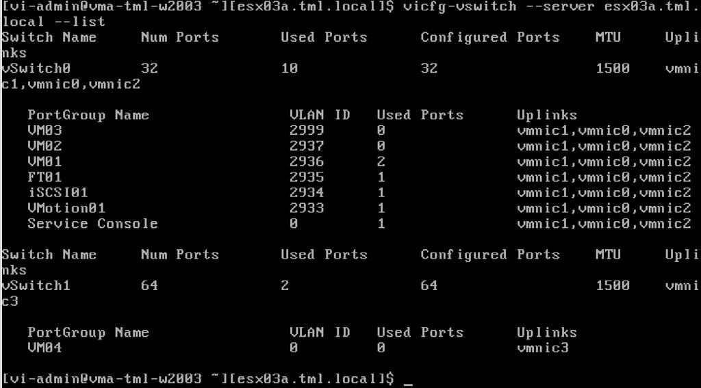 vicfg-vswitch --server <servername> --add-pg <PortGroup_name> <vswitch_name> 3. Run vicfg-vswitch link to add an uplink adapter (physical NIC) to the virtual switch.