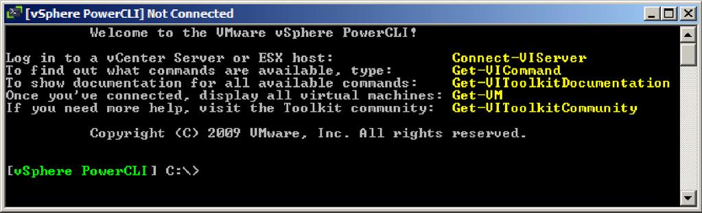 If you allow scripts and re-start PowerCLI, you will see this welcome screen: Figure 3.8 a.