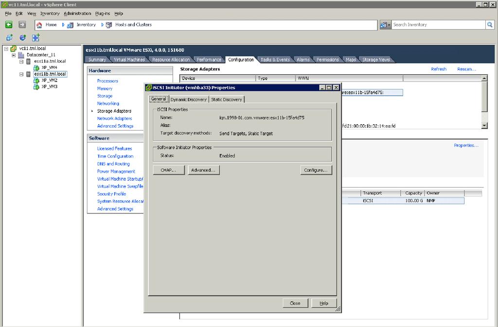 access to it and is able to both read and write to the iscsi LUN. The VMware ESX needs to have the iscsi software initiator enabled and the IP address for the storage target configured.