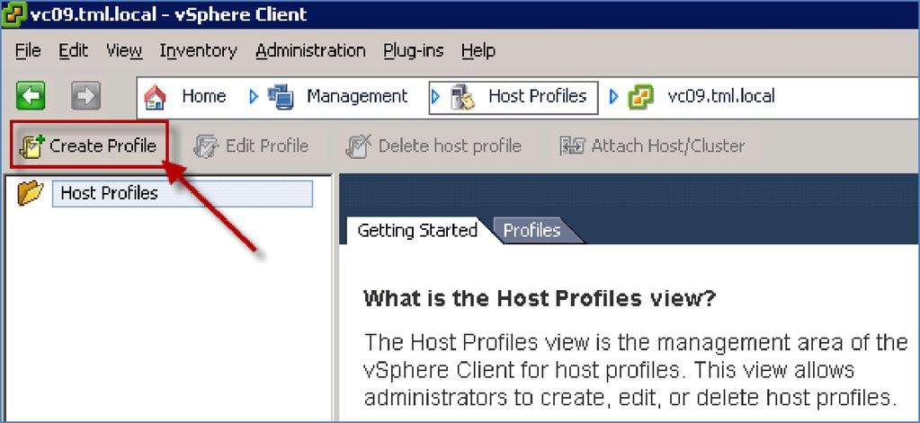 Follow these steps to create a Host Profile from the reference host: 1. Go to the Home > Management > Host Profiles view in the vsphere Client. 2. Click Create Profile. Figure 3.2 r.