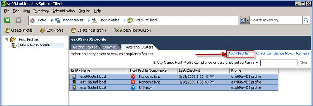 An Attach Host/Cluster window where you can select which hosts to attach to the selected host profile will open. Select each of the hosts to which you will apply the host profile and click Attach.