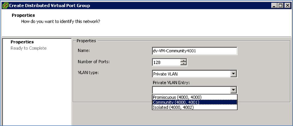 Step 2: Create new DV Port Groups for Private VLANs Once you have created the PVLAN structure, you need two new DV Port Groups to use these PVLANs one for the Isolated PVLAN and one for the Community