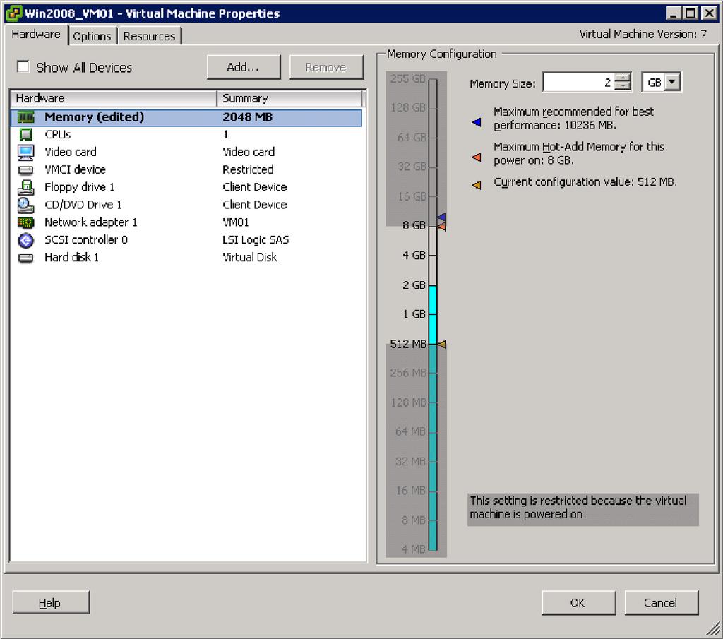 Figure 3.4 b. Hot adding memory from current 512MB configuration to 2 GB on a powered-on Windows Server 2008 virtual machine 4. To change the CPU configuration: a. Click CPUs in the Hardware list. b. Select the number of virtual processors for the virtual machine.