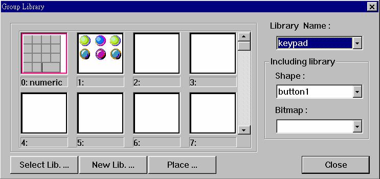 Call up library The library browser will appear Library name select the group library from the list. Including library : specify the related shape and BMP library that group objects refer to.