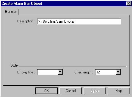 3.21 Alarm Bar The Alarm Bar sets aside a window to display messages registered in the Alarm Scan list via alarm conditions. The messages are scrolled from right to left in order of triggering.