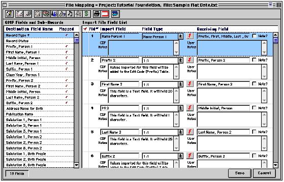 File Mapping The file-mapping window is where you map the fields of your import data to a corresponding GiftMaker Pro field.