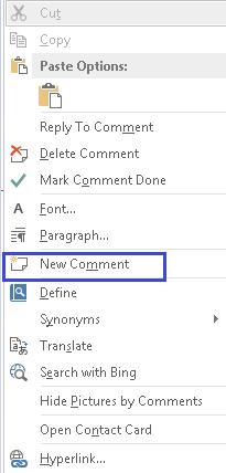 Figure 35 Add New Comment option in Comment context menu.