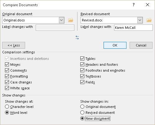 Figure 43 Compare Documents dialog with two documents loaded, ready to compare. I ve included a document called Original and one called Revised with this tutorial so you can test this tool.