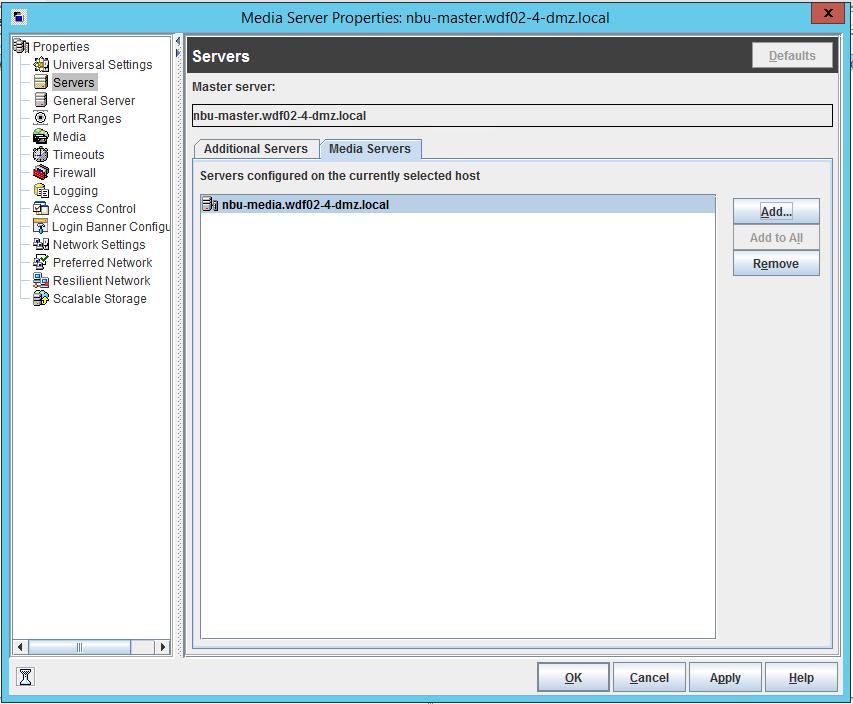 Open the Properties pane for the NetBackup master server, choose Servers > Media Servers, and click