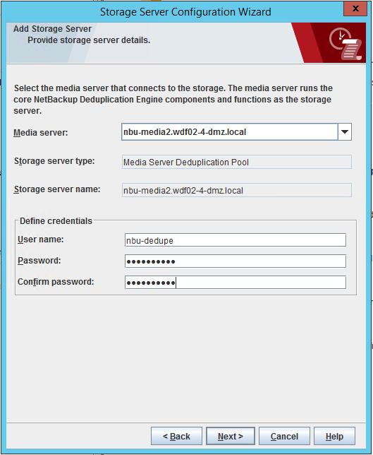 Select the NetBackup media server used for the deduplication pool and define the