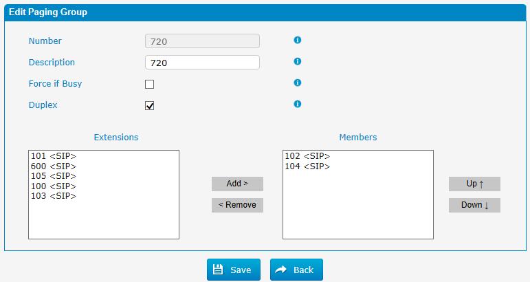 If you would like to configure Intercom feature code, please open the PBX Basic -> Feature Codes screen. Note: A paging group can have a maximum of 20 members.