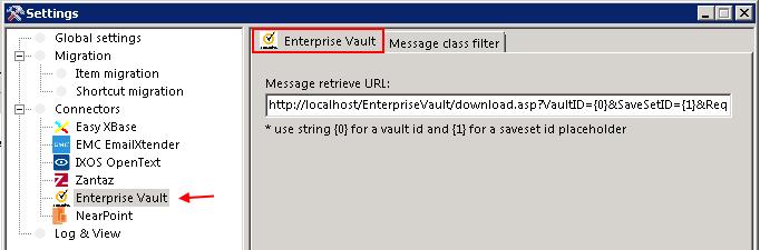 The Enterprise vault tab of the right pane features the message retrieve URL.