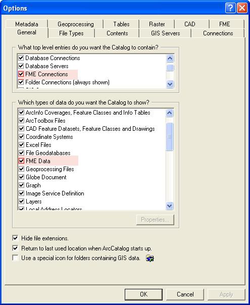 4. Under Which types of data do you want the Catalog to show? Check the box beside FME Data. Enable the FME Extension for ArcGIS 1. From the ArcCatalog Tools menu, choose Extensions. 2.