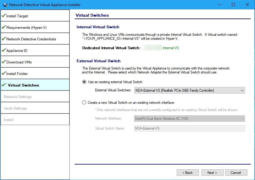 Using an Existing External Virtual Switch If the user wants to assign an available External Virtual Switch for use with the Virtual Appliance, the user would select the Use an existing external