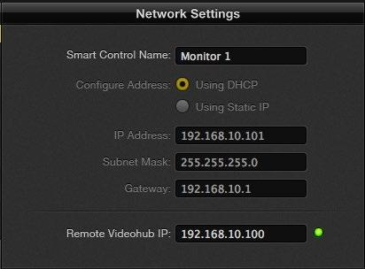 You will also need to complete the IP details for the remote Videohub that you wish to control with your Videohub control panel. The remote Videohub is the Videohub Server.