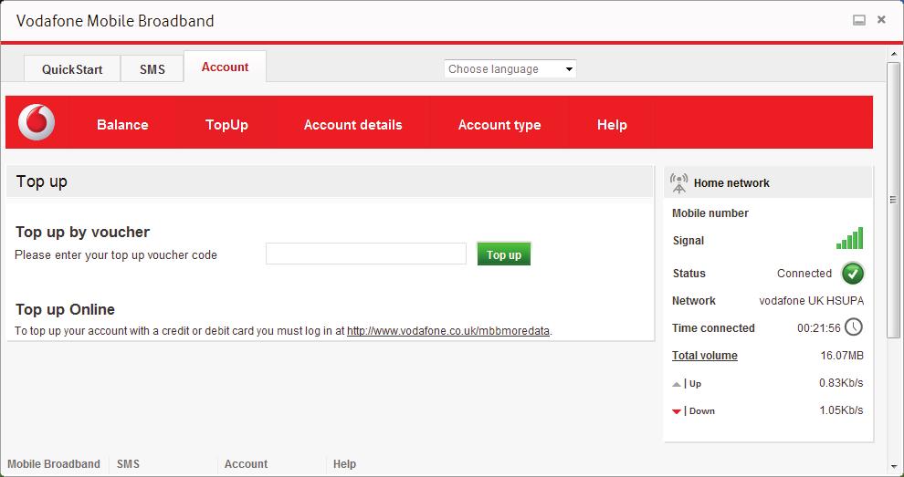 Account view The Account view has three options on the Navigation bar: Account details, Account type and Help. For prepaid account customers there are two additional options: Balance and TopUp.