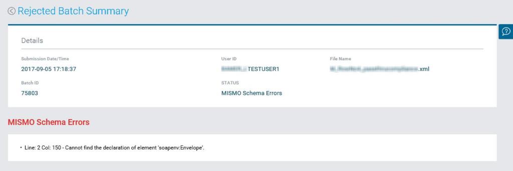 The Rejected Batch Summary page displays with the Details section displaying the Submission date/time, User ID, File Name, Batch ID, Status and Error message(s).