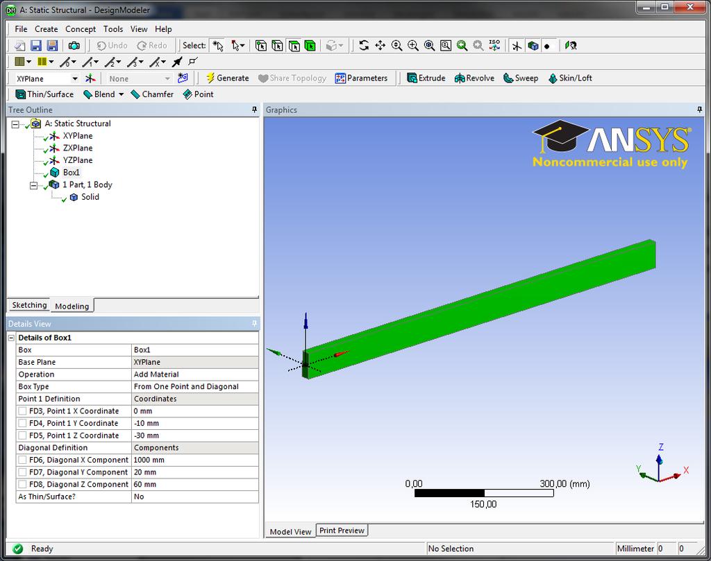 Figure 7: The beam on the DesignModeler Note that ANSYS