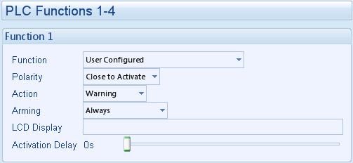 Edit Configuration Advanced PLC Logic User Defined alarms Configures when the input is active: Never, always, active from starting, active from the end of the safety timer Example of a user