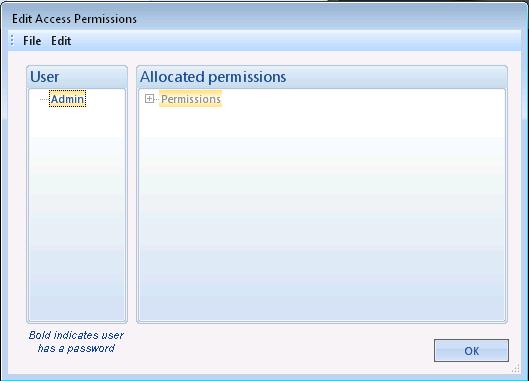 Menus and toolbar 5.2.1 ACCESS PERMISSIONS Access permissions is an advanced Administration option to allow OEMS to setup the Configuration Suite software to limit access for certain users.
