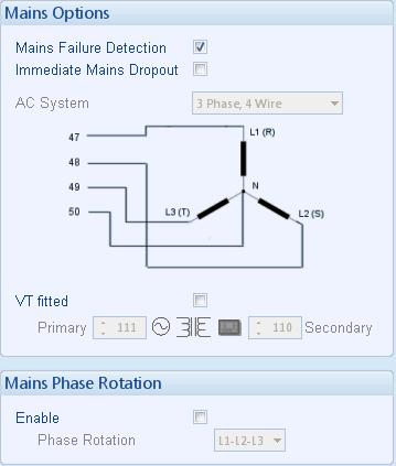Edit Configuration - Mains 6.7 MAINS = Only available on DSE8660 Modules The mains page is subdivided into smaller sections. Select the required section with the mouse. 6.7.1 MAINS OPTIONS If three phase loads are present, it is usually desirable to set this parameter to to enable Immediate Mains Dropout.