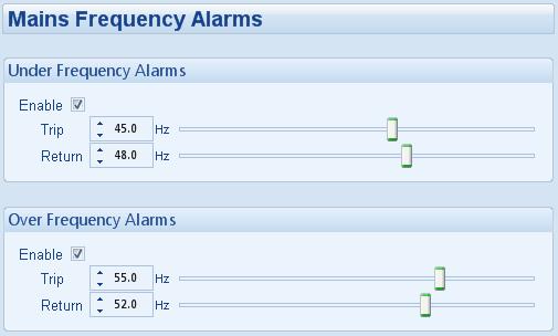 Edit Configuration - Mains 6.7.3 MAINS FREQUENCY ALARMS = Only available on DSE8660 Modules Click to enable or disable the alarms.