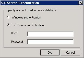 8 In the SQL Server Authentication dialog box, specify a user account that is authorized to create or update the specified database on the database server, and then click OK.