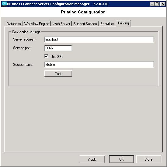 Print Server Configuration To configure Output Manager as a Print server for Business Connect, do the following: 1 In Business Connect Server Configuration Manager, click the Printing tab.