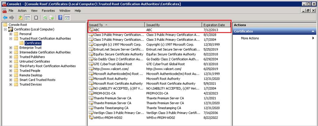 15 In the MMC console navigation pane, go to Certificates (Local Computer) > Trusted Root Certification Authorities > Certificates, and confirm that the certificate has been added.
