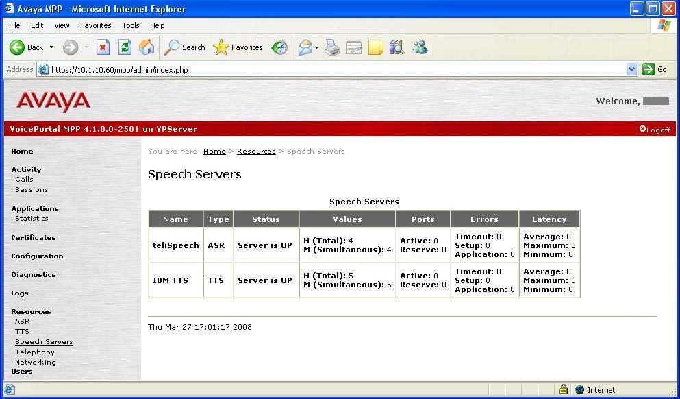 From the Service Menu home page (not shown), select Resources > Speech Servers.