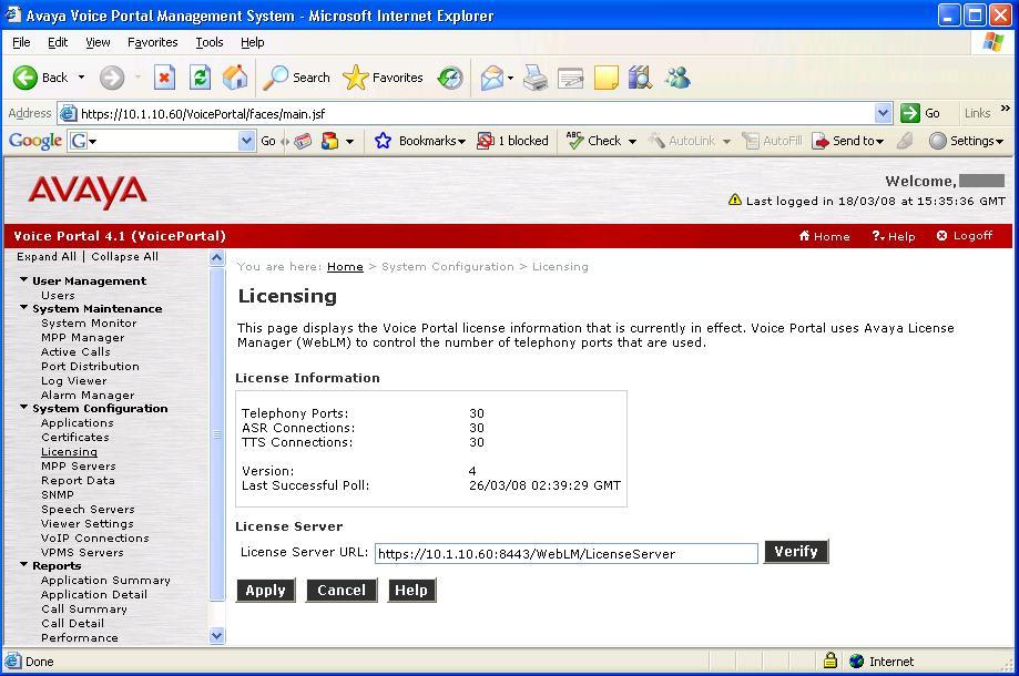 3.1. Verify the ASR Licenses Initialise the Avaya Voice Portal Management System (VPMS) web interface by browsing to