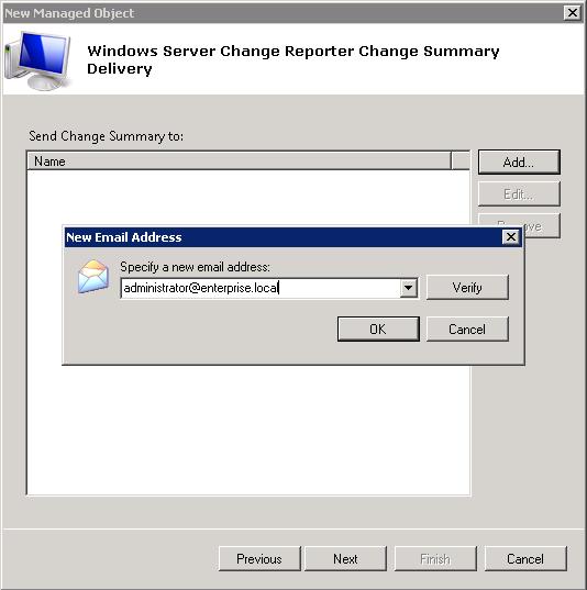 Figure 16: Widows Server Change Reporter Change Summary Delivery It is recommended to click the Verify button.