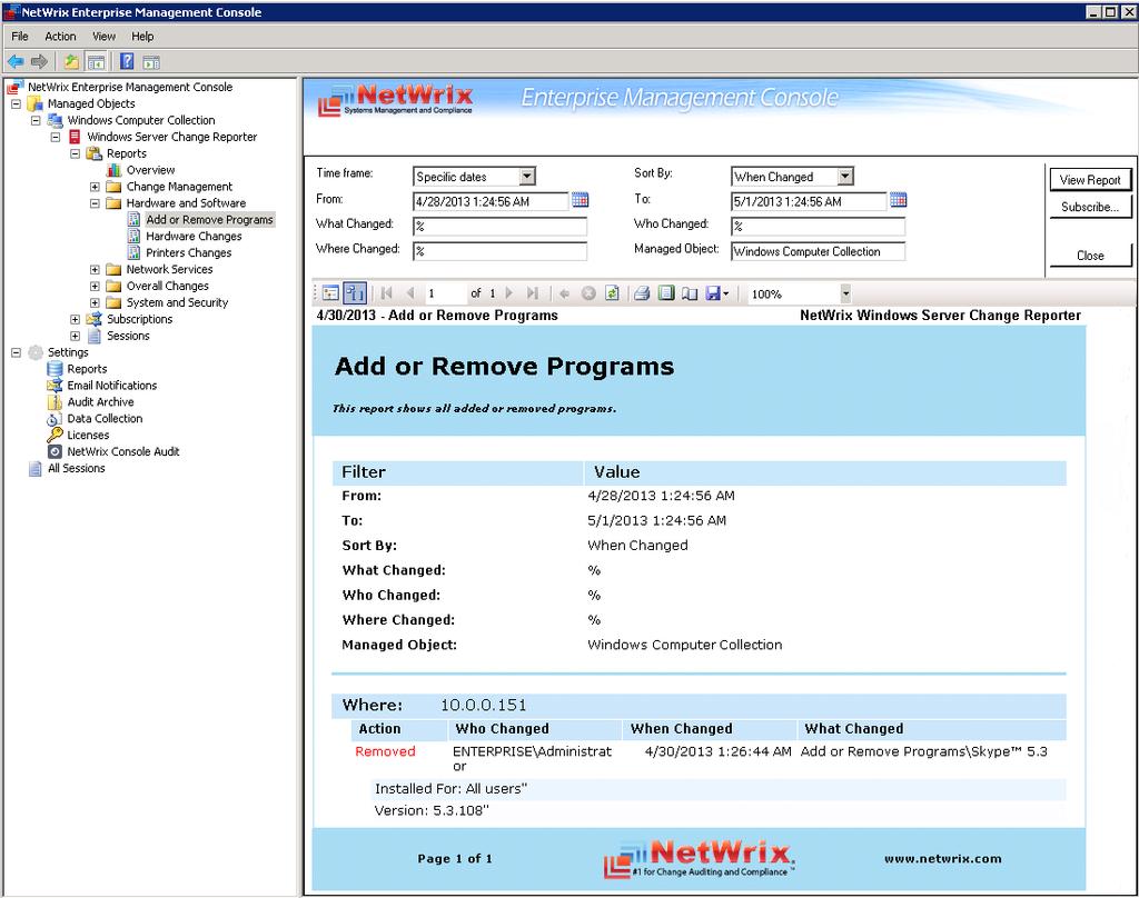 Figure 35: Add or Remove Programs Report (Console)