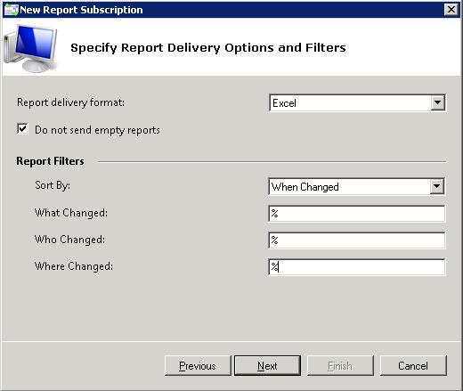 Figure 43: Specify Report Delivery Options and Filters 7. On the Configure Report Delivery Schedule step, specify the report delivery schedule.