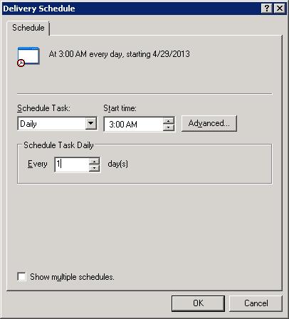 3. In the Delivery Schedule dialog, specify a new time and frequency for the data collection: Figure 58: Delivery Schedule 4.