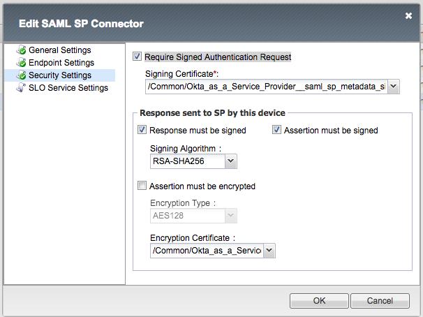 Binding: POST 10. Click Update. 11. Click Security Settings and select Require Signed Authentication Request. Figure 22: Connector security settings 12.