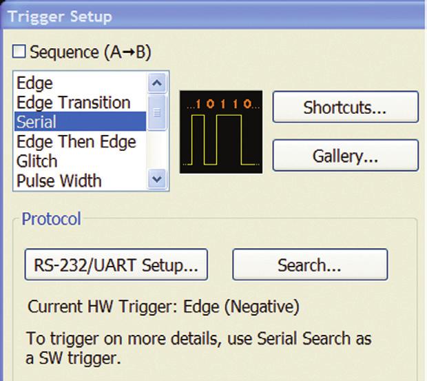 The application uses software-based search triggering when serial triggering is selected.