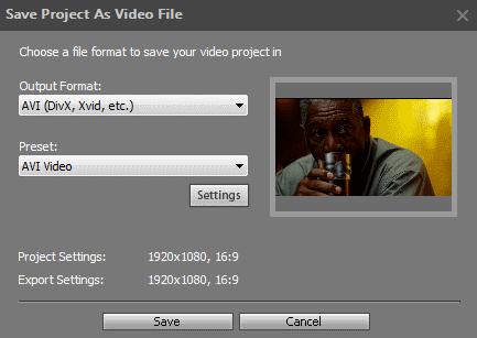 Saving video in a popular video format 1. In the File menu, select the Export Project option, or click the Export button in the Operation Buttons panel. 2. Select the Save as Video File option.