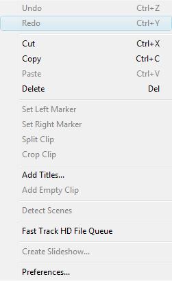 Undo - cancels the last action. Redo - repeats undone action. Cut - cuts a clip selected in the Timeline panel. Copy - copies a clip selected in the Timeline panel.