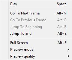Play/Stop - starts/stops playback of the selected clip. Go to Next Frame - jumps to the next frame. Go to Previous Frame - jumps to the previous frame.