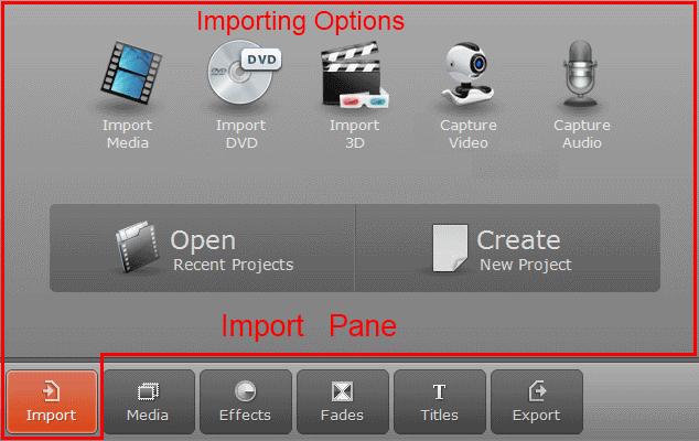 By clicking on the Import button in the Operation Buttons panel, the Import pane will open.