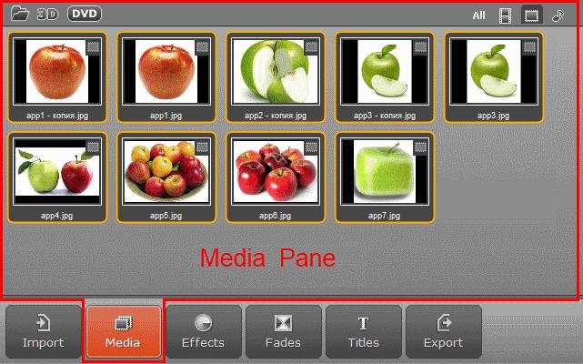 By clicking on the Media button in the Operation Buttons panel, the Media pane will open. Here you can find media files imported into Movavi Video Editor.