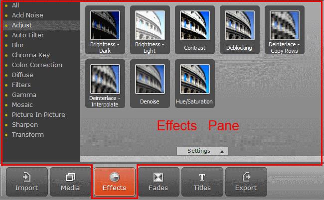 By clicking on the Effects button in the Operation Buttons panel, the Effects pane will open. The Effects pane provides main tools that can be used for editing your video project.