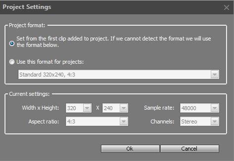 A new project in Movavi Video Editor has the following default settings: width, height and aspect ratio of the video stream, and sample rate and channels for audio stream.