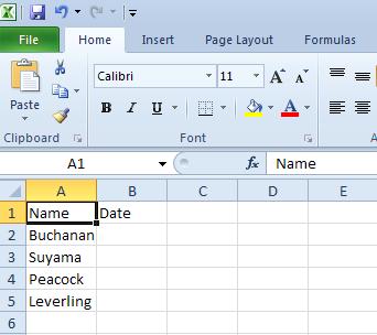 Click on cell A1 and type Name press Tab to move to cell B1 and type Date, press Tab again and type Amount in cell C1.