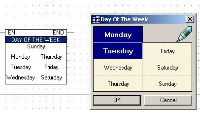 U90 Ladder Software Manual 6. Select the desired days from the Day Of The Week window and click OK. 7. The selected days appear in blue highlights in the element on the net.