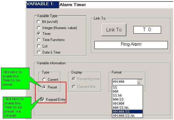 Ladder To enter values via keypad, you must select the full timer format. Selecting a Timer Display format 1.