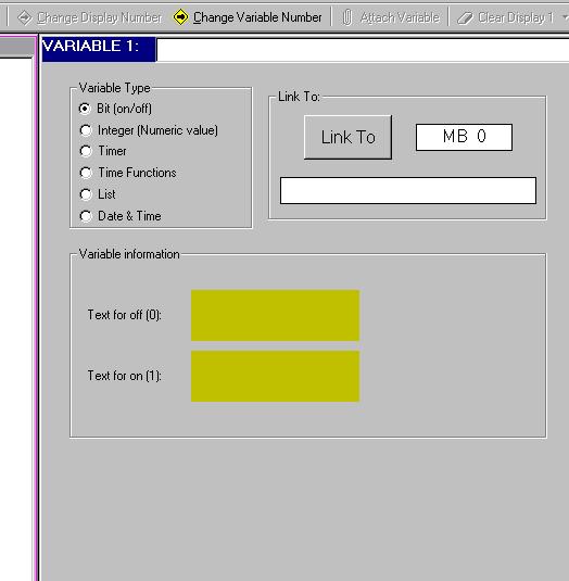 HMI Variable Type Linked to Display Options: Bit MB Create a text display for ON and OFF. Integer MI Choose integer display format; enable linearization and keypad entry.