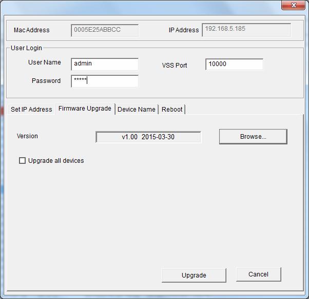 3. Select the Firmware Upgrade tab, type the User Name and Password, and click the Browse button to locate the firmware file saved at your local computer. Figure 5-5 4.