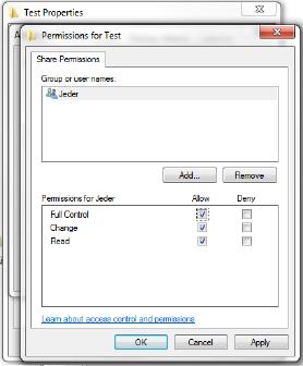 Figure 2-12 Access rights for the test folder When the folder is shared, this can be seen in the network. Permission (privilege) must now be assigned.
